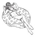 Portrait of girl in hat and bikini sunbathing on donut inflatable ring, hand drawn outline doodle, sketch Royalty Free Stock Photo