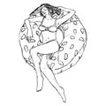 Portrait of girl in hat and bikini sunbathing on donut inflatable ring, hand drawn outline doodle, sketch Royalty Free Stock Photo