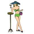 Portrait of girl in hat and green bikini with bag tasting cocktail near table, hand drawn outline doodle