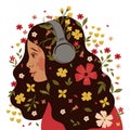 Portrait of a girl in headphones with flowers in her hair. Vector graphics Royalty Free Stock Photo