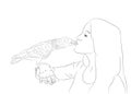 Portrait of girl holding parrot on hand. African grey parrot jaco and his owner. Realistic vector lines illustration Royalty Free Stock Photo