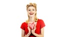 Portrait of girl holding red heart isolated on white background. Royalty Free Stock Photo