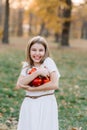 Portrait of a girl kid bit ting red apple in orchard. Sunset time, backlight Royalty Free Stock Photo