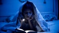 Portrait of teenage girl lying under blanket and reading book Royalty Free Stock Photo