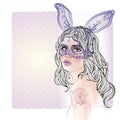Fashion illustration with lady face and rabbit girl with a mask Royalty Free Stock Photo
