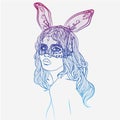 Fashion illustration with lady face and rabbit girl with a mask Royalty Free Stock Photo