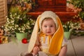 Portrait girl one year old in a bunny costume shooting in the studio in the background flowers wooden background dekor Royalty Free Stock Photo