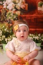 Portrait girl one year old shooting in the studio in the background flowers wooden background dekor Royalty Free Stock Photo