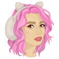 Portrait of a girl with pink hair and earmuffs with cat ears