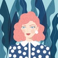 Portrait of a girl with pink hair with patterned blouse and earrings, on blue plant background, vector illustration