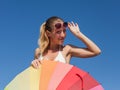 Portrait of girl with rainbow parasol Royalty Free Stock Photo