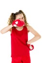Portrait of girl in red boxing gloves ready fight Royalty Free Stock Photo
