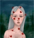 portrait of a girl with red butterflies.