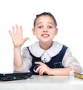 Portrait of a girl sitting at a school desk, school, classroom,