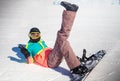 Portrait of girl snowboarder in sports wear and helmet in winter. travel and hiking concept. Royalty Free Stock Photo