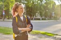 Portrait of girl student 15 years old with backpack Royalty Free Stock Photo