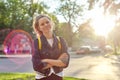 Portrait of girl student 15 years old with backpack Royalty Free Stock Photo