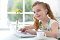 Portrait of girl studing with laptop at classroom Royalty Free Stock Photo