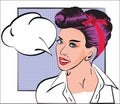 Portrait of girl in style pop art, comic books, sketch. Woman with purple hair, retro hairstyle, in white shirt, vintage