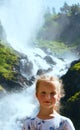 Portrait girl on summer waterfall background
