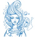 Portrait of the girl symbolizes the zodiac sign Scorpio. Outline drawing for coloring