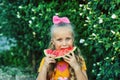 Portrait of a girl with a watermelon in nature Royalty Free Stock Photo