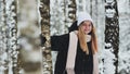 Portrait of a girl in winter in a birch forest. Royalty Free Stock Photo