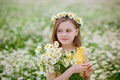 Portrait of a girl in a yellow T-shirt on a blooming field of daisies with a bouquet in her hands and a wreath on her head. A Royalty Free Stock Photo