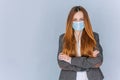 Portrait, Girls with a medical mask. against the background of a gray wall. Concept on the theme of coronavirus COVID-19