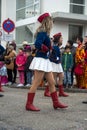 Portrait of girls with sexy costume of cheerleader parading in the street Royalty Free Stock Photo