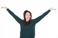 Portrait of glad student funny girl with arms up celebrating victory yelling with wide open mouth isolated on white background