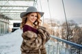 Portrait of glamorous brunette woman wearing fur winter coat and grey hat Royalty Free Stock Photo