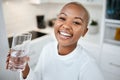 Portrait, glass and black woman drinking water, smile and health with joy, nutrition and laughing. Face, female person