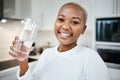 Portrait, glass and black woman drinking water, wellness and health with nutrition, funny or happiness. Face, female