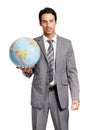 Portrait, globe and a business man holding a world map isolated on a transparent background for corporate travel. Earth Royalty Free Stock Photo