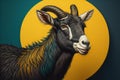 Portrait of a goat on a background of yellow and blue circles. ai generated
