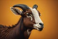 Portrait of a goat with big horns on a yellow background. generative ai
