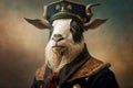 portrait of goat dressed as a sea captain at the helm