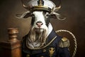 portrait of goat dressed as a sea captain at the helm