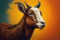 Portrait of a goat with horns on a yellow background. Close-up. ai generated