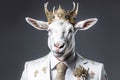 Portrait of a goat in a suit with a golden crown on his head.