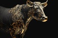 Portrait of a gold-covered cow on a black background