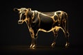 Portrait of a gold-covered cow on a black background