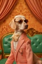 Portrait of a Golden Beagle in a Pink Suit