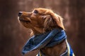 Portrait of golden puppy. Puppy with scarf jean. Royalty Free Stock Photo