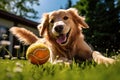 Portrait of golden retriever dog lying on green grass with ball, Golden Retriever dog playing with a ball in the garden, AI Royalty Free Stock Photo