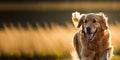 Portrait of Golden Retriever dog runing outdoors in a garden or filed on a sunny summer day. Generative AI