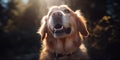 Portrait of golden retriever dog with tongue out in sunset light. Dog with a smile, very happy, face close-up Royalty Free Stock Photo