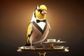 portrait of goldfinch as a waiter with an empty tray