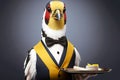 portrait of goldfinch as a waiter with an empty tray